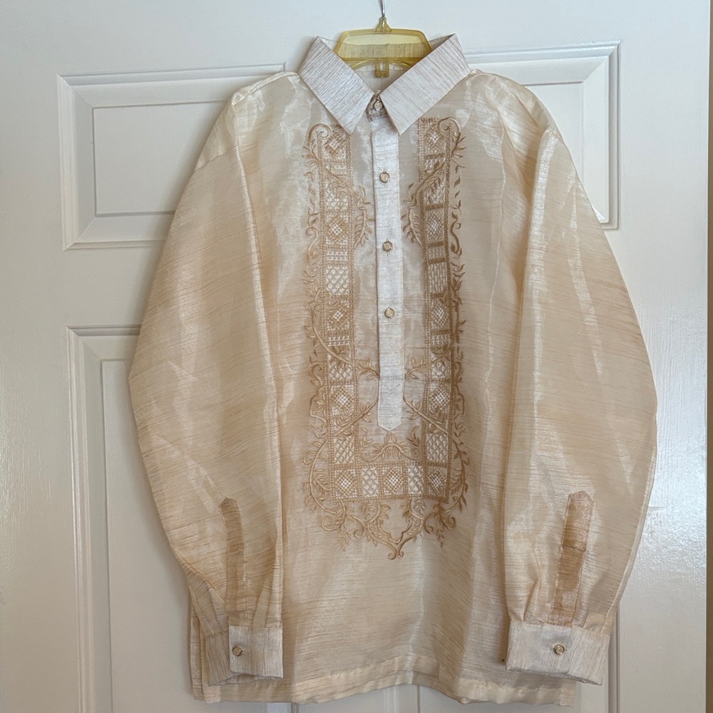 Men's Classic Beige Embroidered Dress Shirt